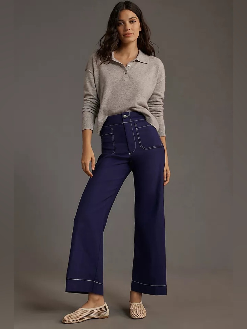 Anthropologie Maeve Colette Contrast Stitch Blue Wide Leg Pants 29